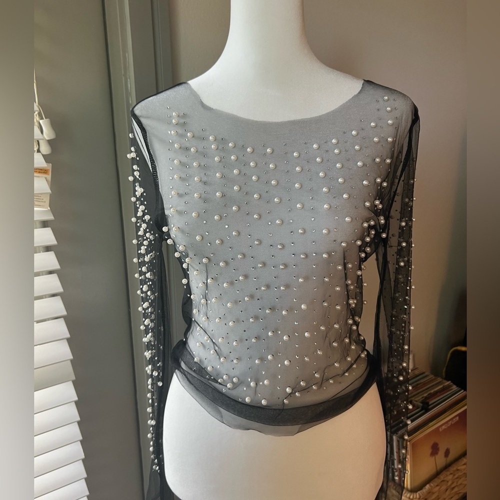 Black mesh long sleeve with pearl accents. Size Medium (runs small)